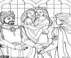 Prinzessin Leonora und ihre Mutter glücklich und umarmt, als der König ihren Verlobten, den Prinzen, willkommen hieß