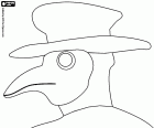 Der Arzt der schwarzen Pest mit seiner charakteristischen Maske in Form eines langen Vogelschnabels. Die Maske der Arztplage, Pestdoktor