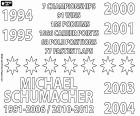 Die Zahlen von Michael Schumachers erfolgreicher Formel-1-Fahrerkarriere. Die ersten beiden Meistertitel in den Saisons 1994 und 1995 mit dem Benetton-Rennteam. Die anderen fünf Titel wurden von 2000 bis 2004 im Ferrari-Rennteam nacheinander gewonnen.