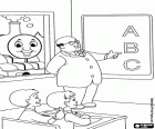 Thomas der Zug aus dem Klassenzimmerfenster, wo die Kinder das Alphabet mit ihrem Lehrer lernen