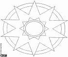 Ein Mandala, das aus zwei Sternen und vier Kreisen besteht. Die Eckpunkte des äußeren Sterns ragen aus dem größeren Kreis heraus