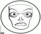 Eine Malvorlage mit einem repräsentativen Symbol des Karnevals, eine Maske mit einem verstörenden Gesicht in einem Kreis