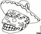 Ein mexikanischer Totenschädel mit der traditionellen Verzierung zum Tag der Toten und dem Hut, Un catrín, die männliche Version der bekannteren Catrina