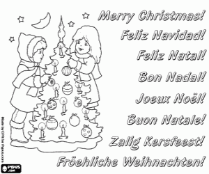 malvorlagen Weihnachtskarte mit Kindern und Tanne ausmalbilder
